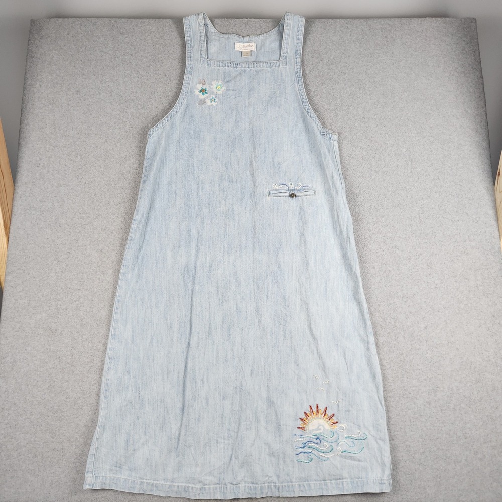 CJ Banks Jumper Dress Womens 14W Blue Denim Sun Wave Embroidered Square Neck
